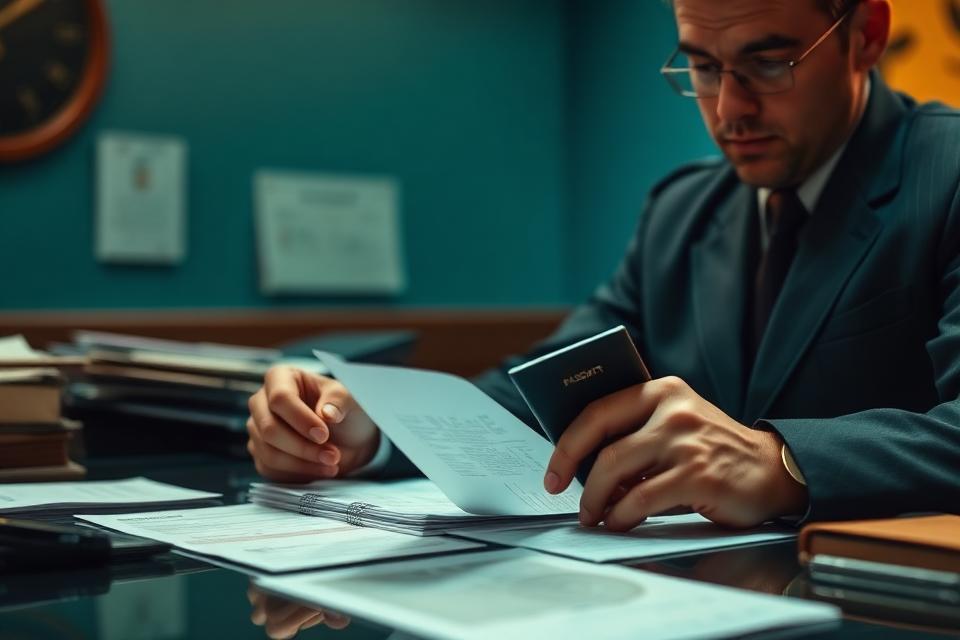 Immigration officer reviewing passport and visa documents