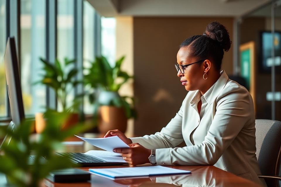 Professional reviewing compliance documents in Suriname office